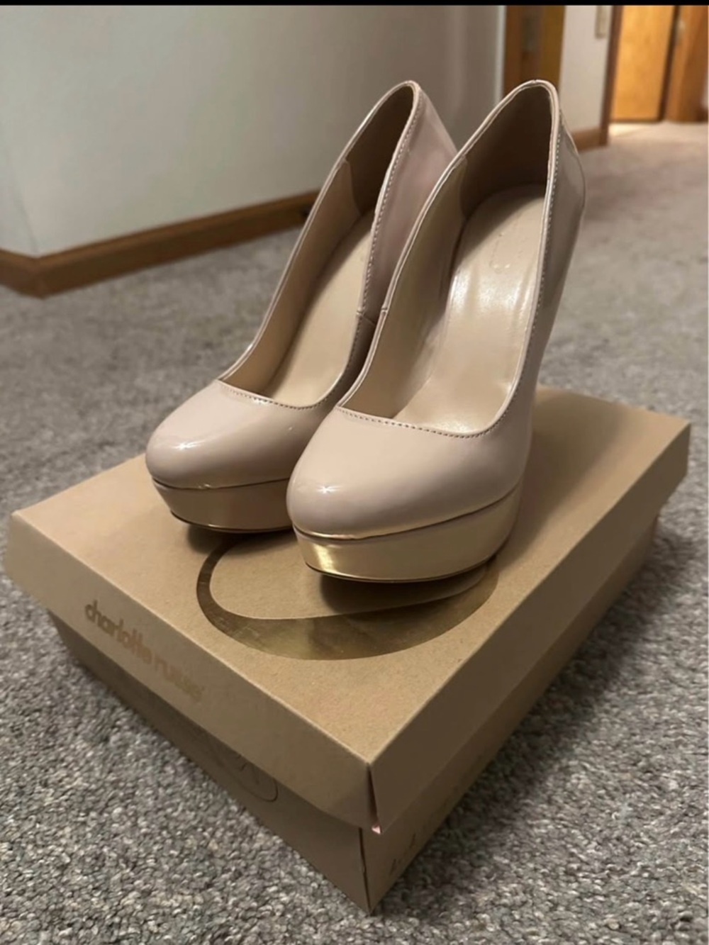 Charlotte Russe Blush Patent Platform Pumps with Gold Accent